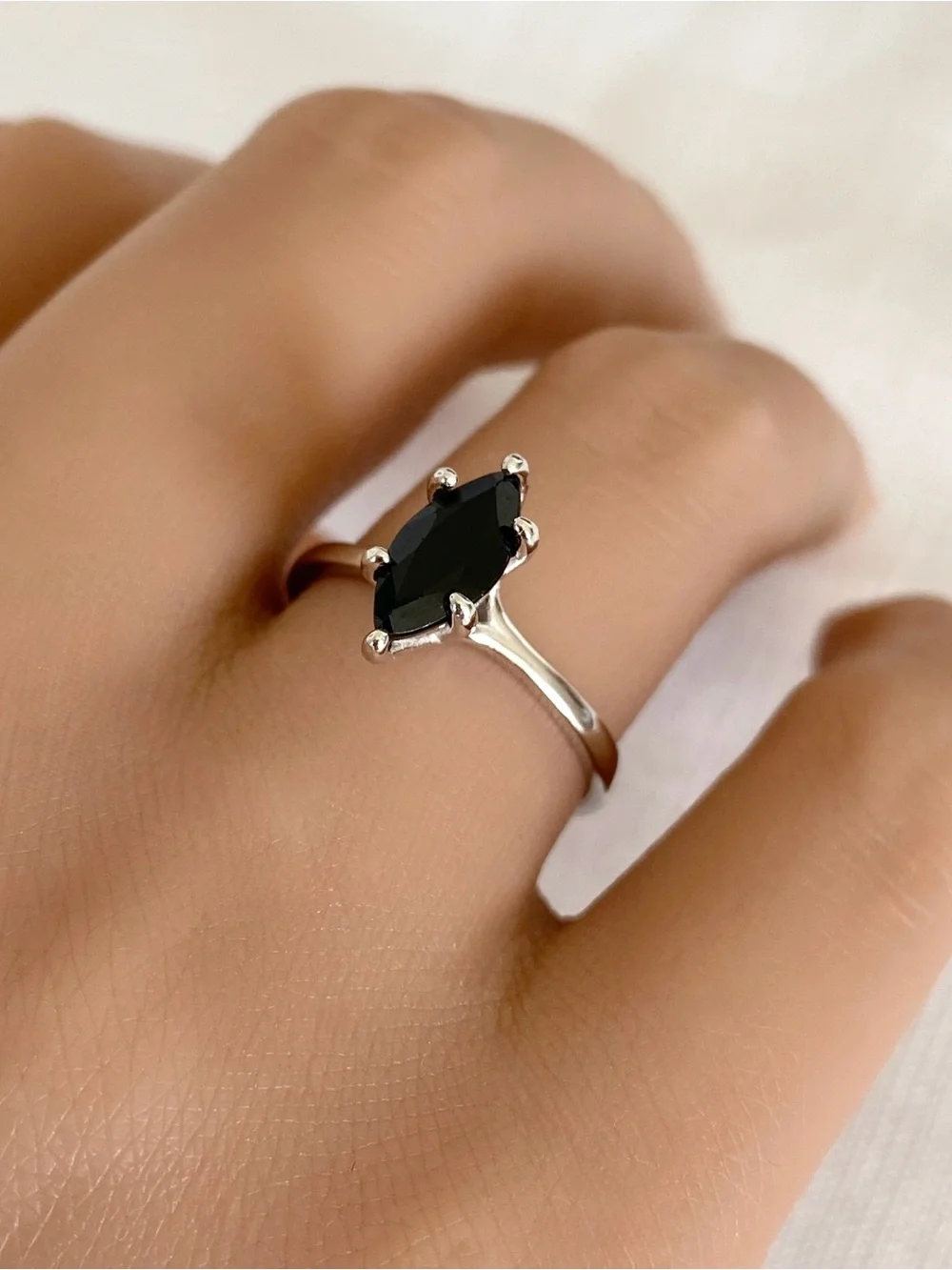 Black CZ Marquise Cut Solid Sterling Silver Women’s Solitaire Stackable Ring